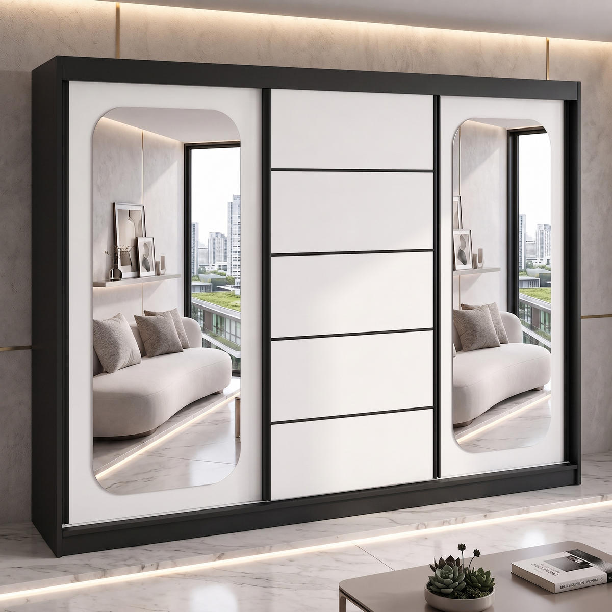 SCHWEBETÜRENSCHRANK BELANO 200 cm. Innenausstattung: Comfort plus - Schwarz/Weiß, Holzwerkstoff (200/215/59.5cm) - A&J MöbelLand