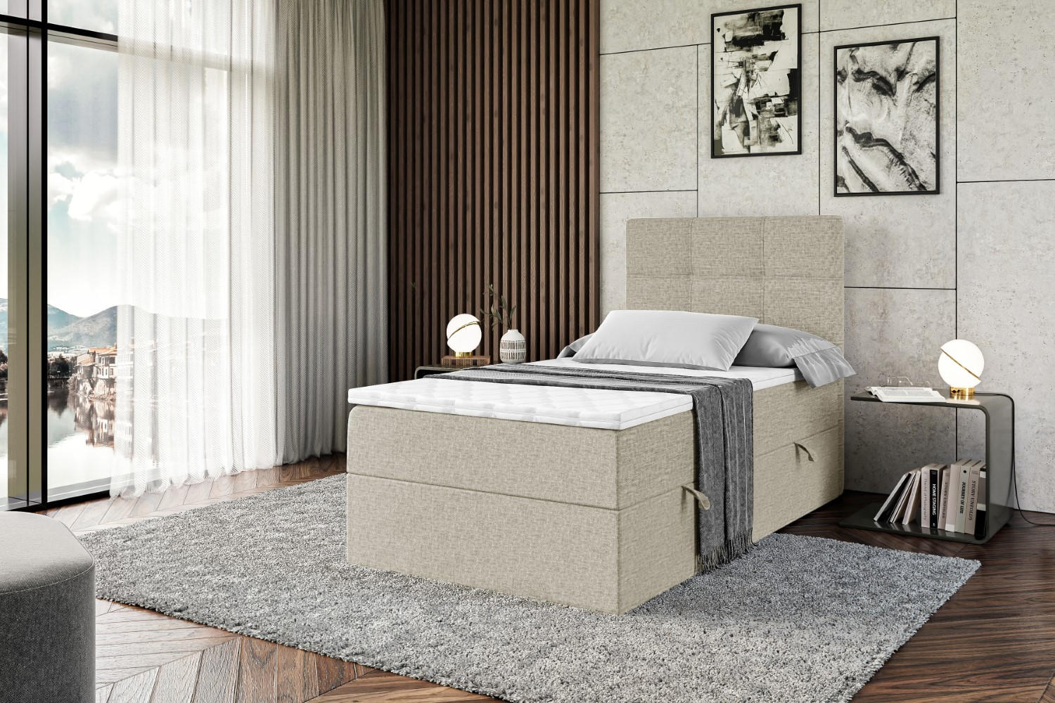 BOXBETT mit Matratze H4 und Lattenrost - MARCE - 90x200 - Rechts - H4 - Beige - Beige, Holzwerkstoff (90/200cm) - ALTDECOR