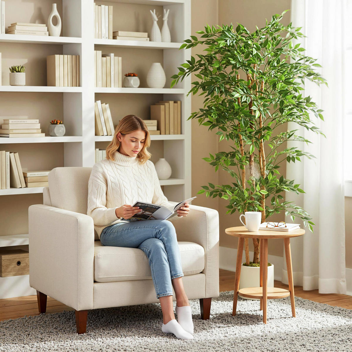 KÜNSTLICHER Banyanbaum 180 cm Kunstpflanze mit Massivholzstamm, Topf, Grün - Grün, Kunststoff (180cm) - HOMCOM