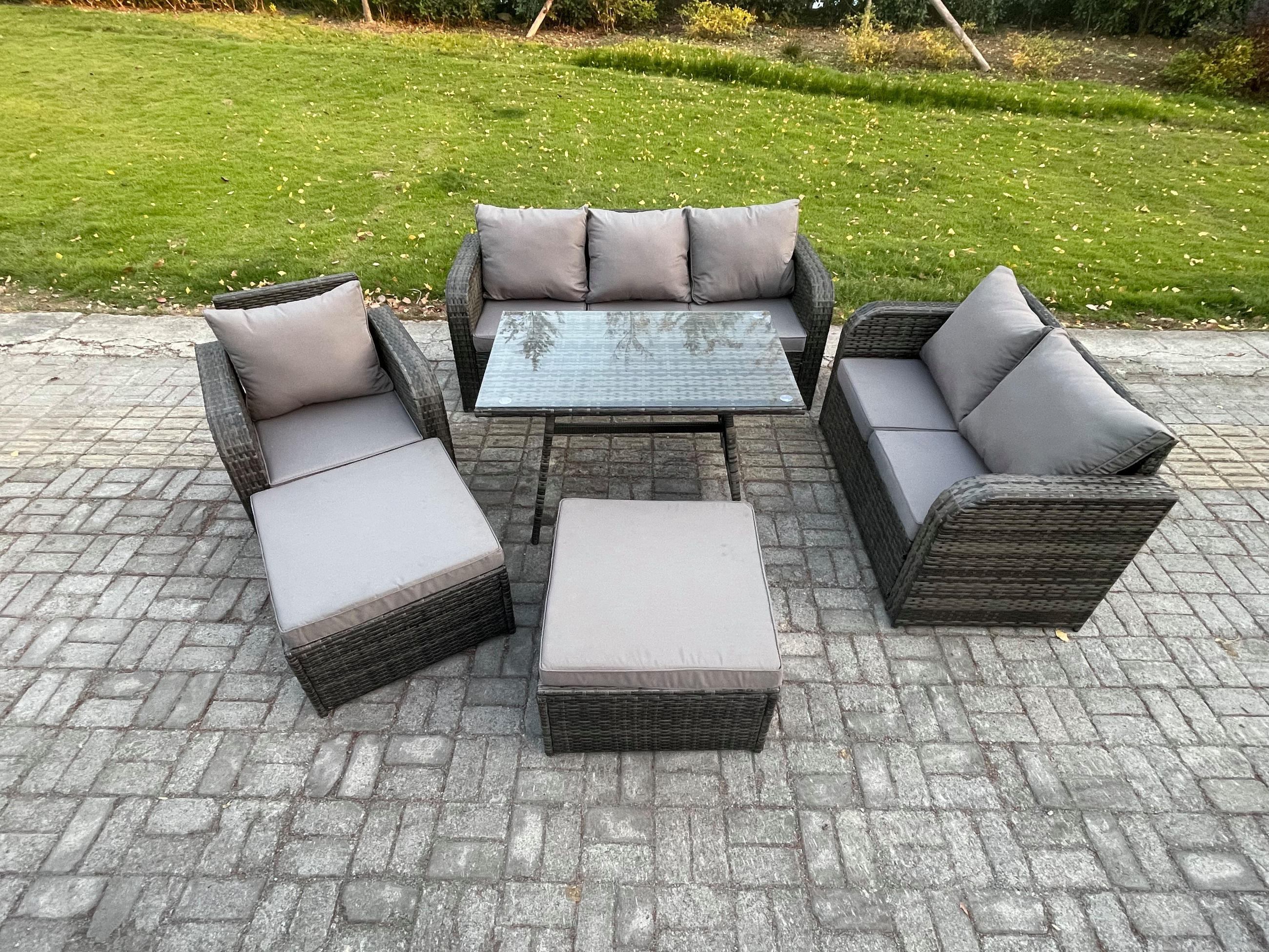 GARTENMÖBELSET mit ESSTISCH,SOFA Polyrattan 8-Sitzer - Dunkelgrau/Grau, Glas/Kunststoff - Fimous