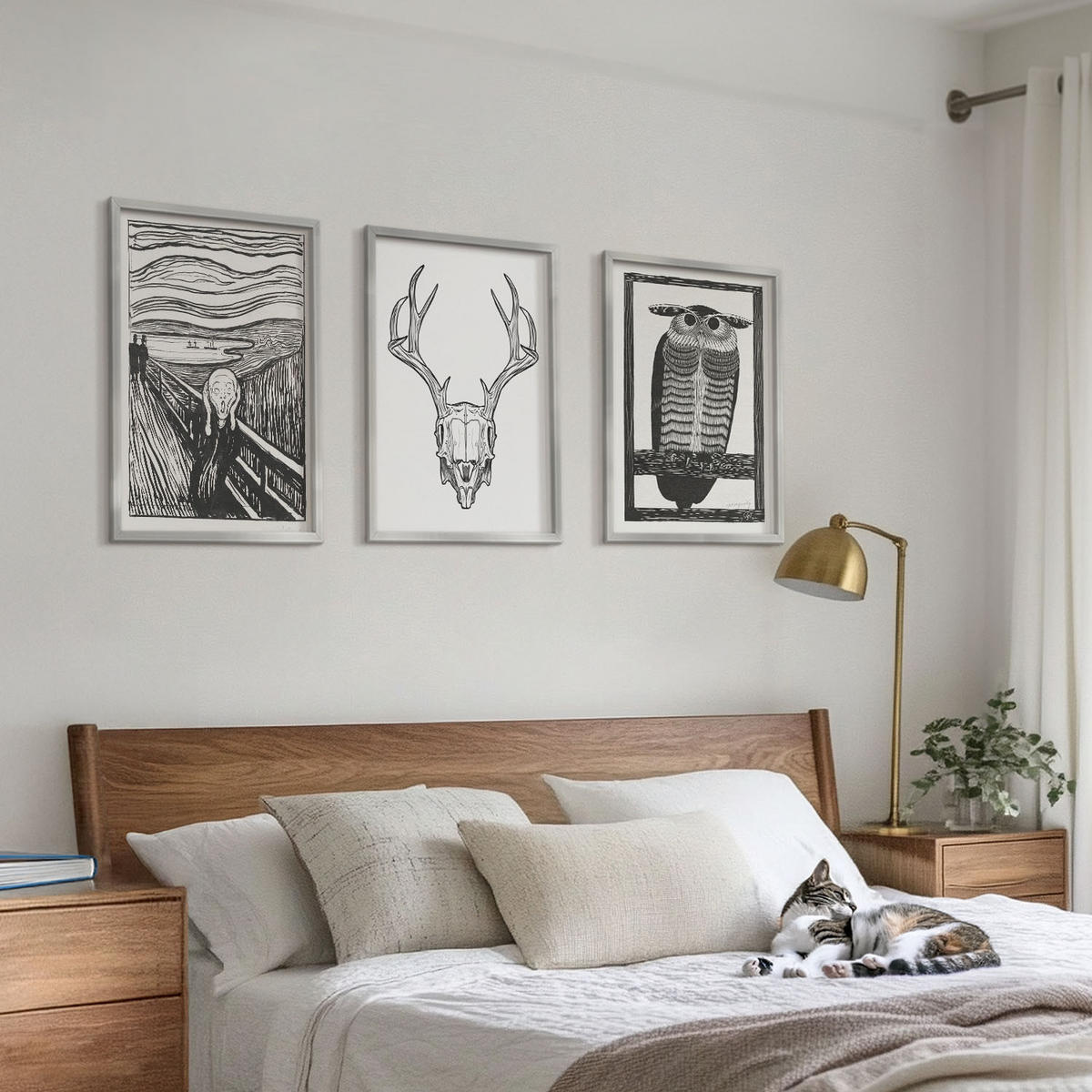WANDBILDER 3er Set - 40x60 cm Silberner Rahmen - Grafiken mit schreiendem Totenkopf-Eulen - Silberfarben, Kunststoff (40/60cm) - ArtPrintCave