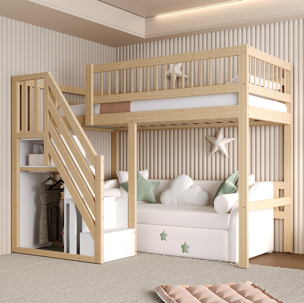 PATROVÁ postel 90/200 cm v přírodní barvě s dřevěnými úložnými schody - přírodní, kompozitní dřevo (90/200cm) - OKWISH