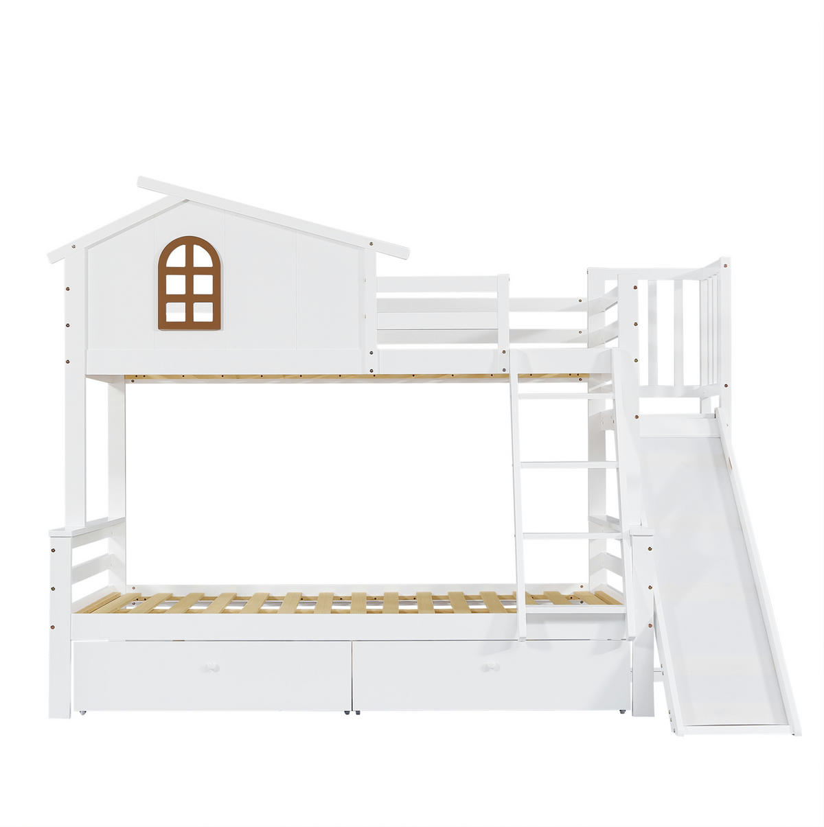 ETAGENBETT 90/200 & 120/200 cm mit Rutsche, Fenster, 2 Schubladen und Kiefer/MDF-Gestell, Weiß - Weiß, Holz (90/200cm) - Redom