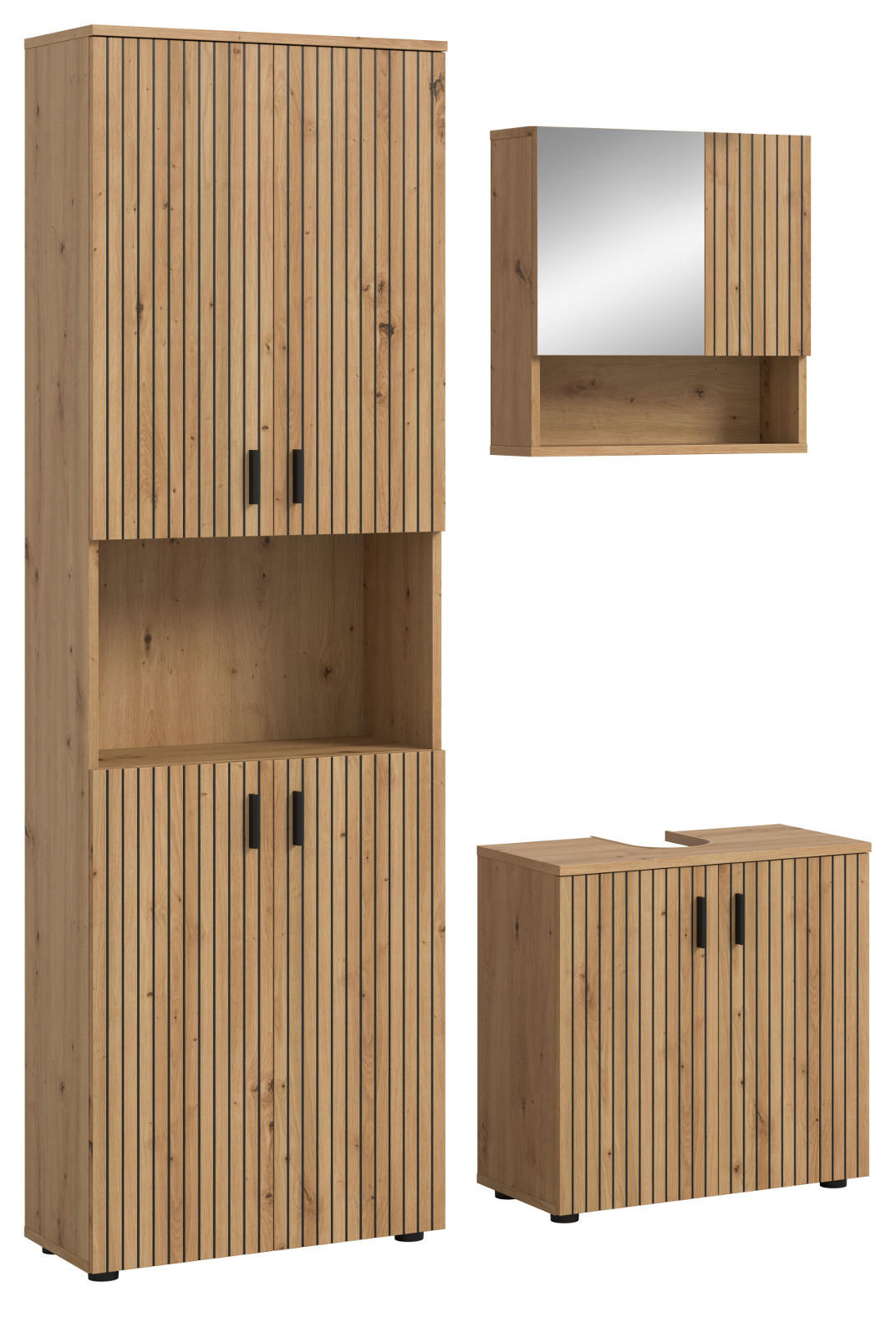 BADMÖBEL-SET Eiche 3-teilig 135 cm, Badezimmereinrichtung mit Rillen-Optik - Schwarz/Eiche Artisan, Glas/Holzwerkstoff (135/192/30cm) - Inn.Furn