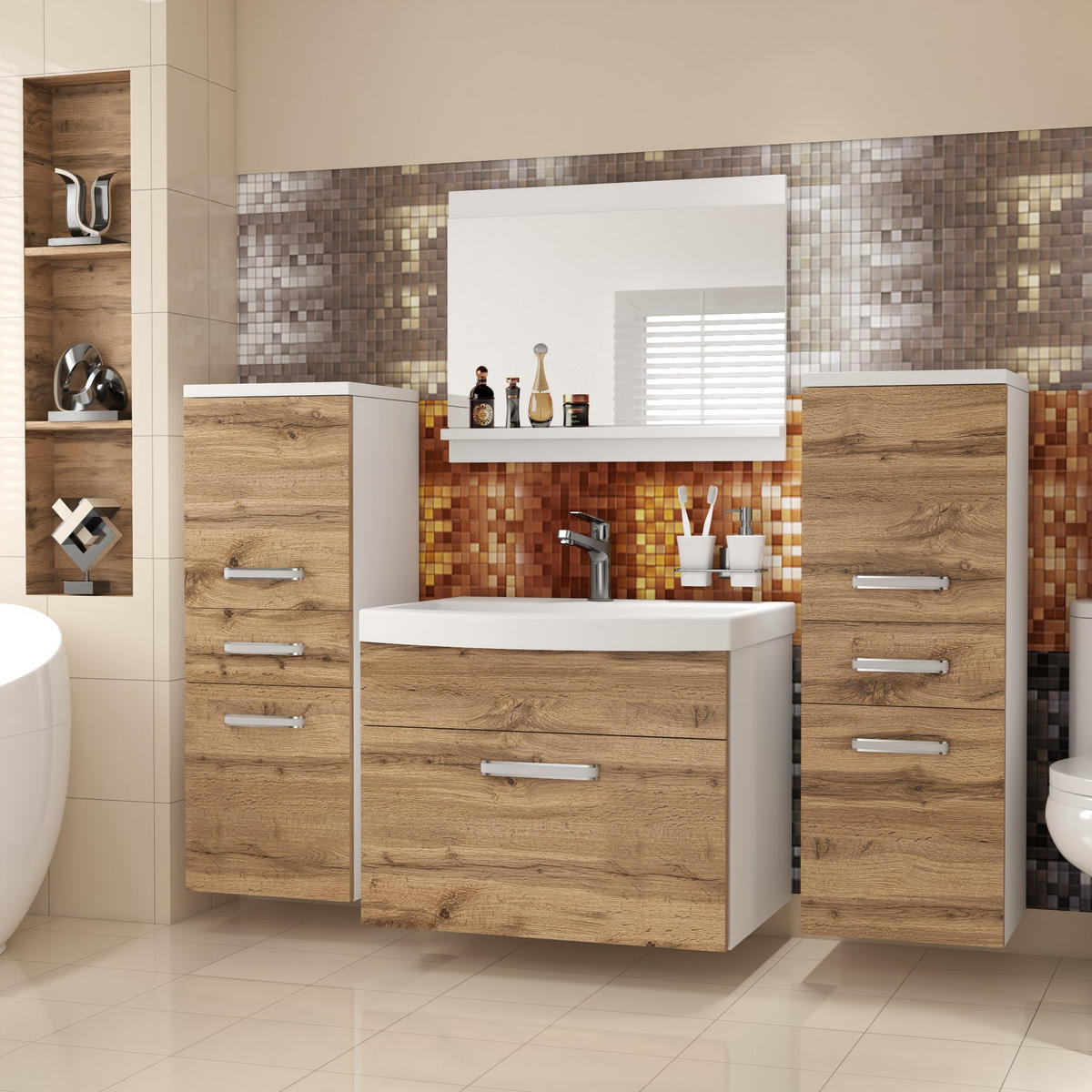 BADMÖBEL Badezimmer SET PRI M4, Goldbraun Matt, 120 cm - Braun, Holz (38.7/113.5/120cm) - B BELINI GROUP