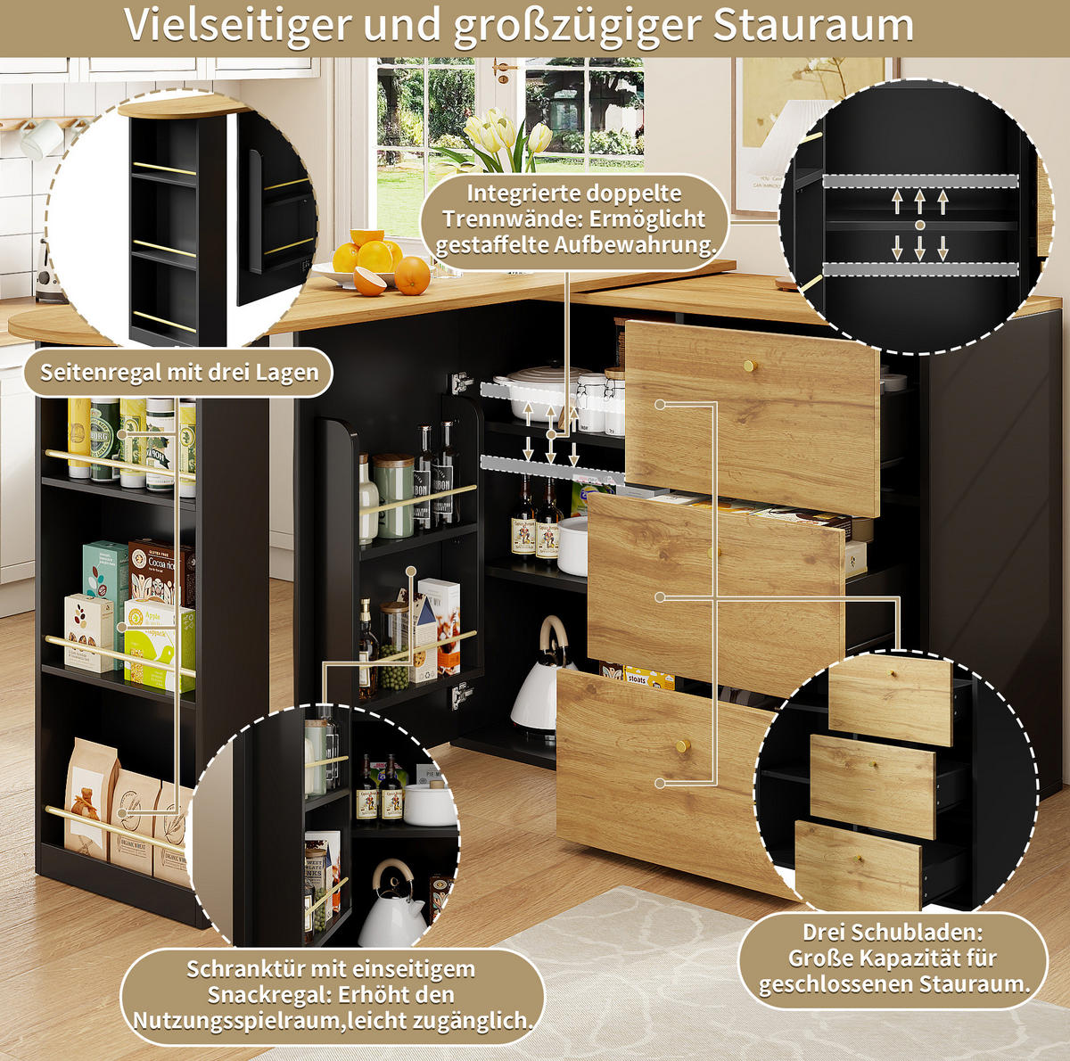 BARTISCH aus MDF, 360° dreh- & ausziehbar mit Stauraum, 138-204/39/104 cm, Schwarz - Schwarz, Holzwerkstoff (39/104/138cm) - Redom