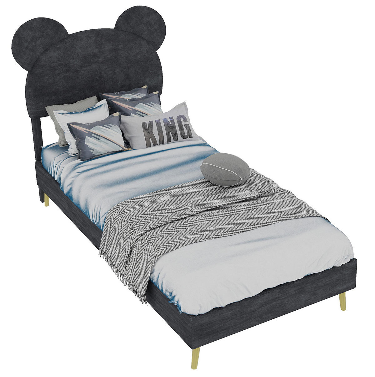POLSTERBETT 90/200 cm mit hydraulischem Bettkasten, cartoonförmigem Kopfteil und Stoffbezug, Grau - Grau, Textil (90/200cm) - Redom