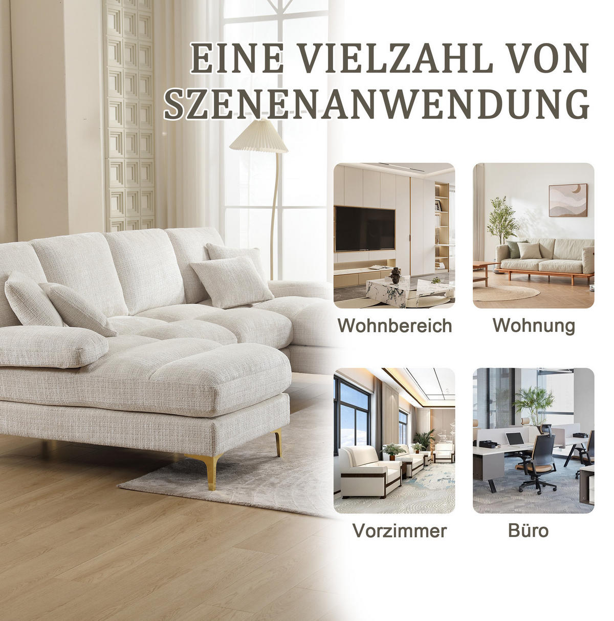 WOHNLANDSCHAFT U-Form Chenille mit 2 Liegeflächen 272/136/88 cm Beige - Beige, Textil/Metall (136/88/272cm) - Redom