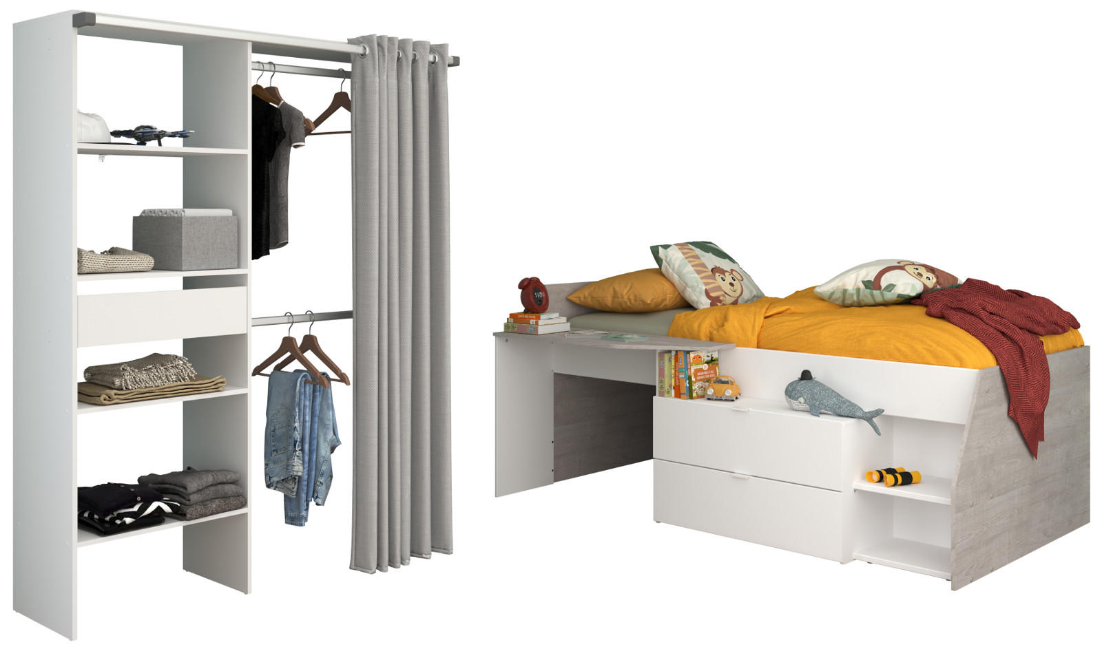 KINDERZIMMER weiß, grau 2-teilig, Jugendzimmer-Set Stauraumbett und Kleiderschrank - Schwarz/Weiß, Holzwerkstoff/Kunststoff (143/182/135cm) - Parisot Meuble