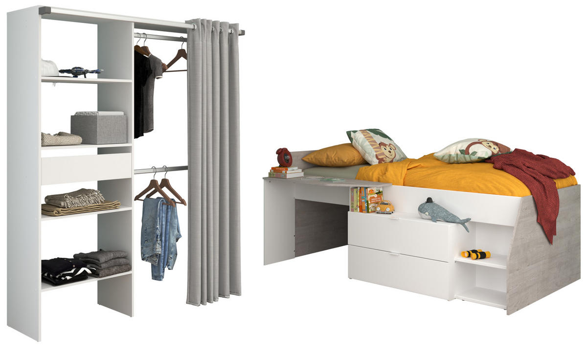 KINDERZIMMER weiß, grau 2-teilig, Jugendzimmer-Set Stauraumbett und Kleiderschrank - Schwarz/Weiß, Holzwerkstoff/Kunststoff (143/182/135cm) - Parisot Meuble