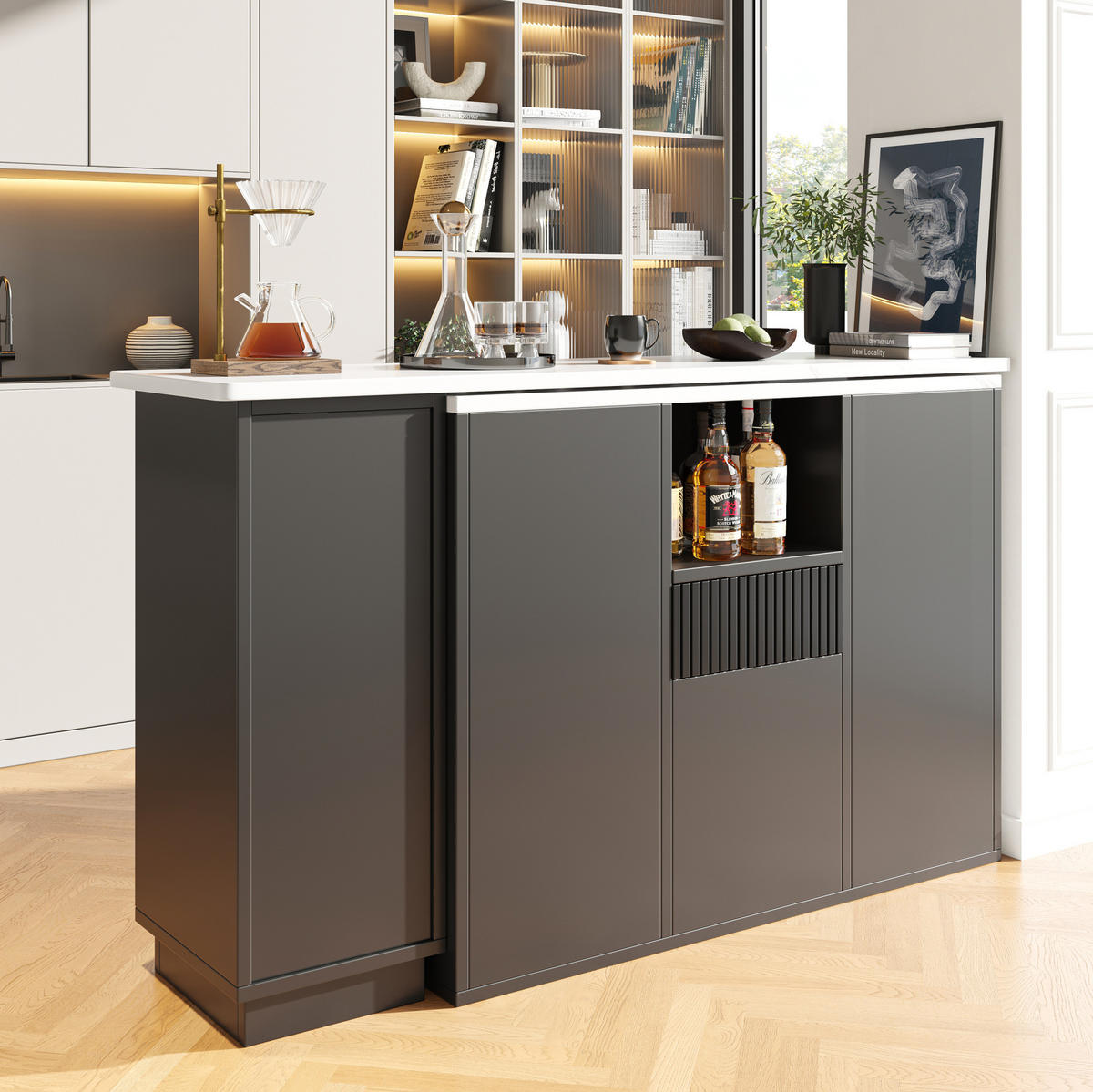 BARTISCH 210/30/100,9 cm mit 360°-Drehfunktion, offenem und geschlossenem Stauraum, MDF mit Marmoroptik, Schwarz - Schwarz, Holzwerkstoff (30/210/100.9cm) - Redom
