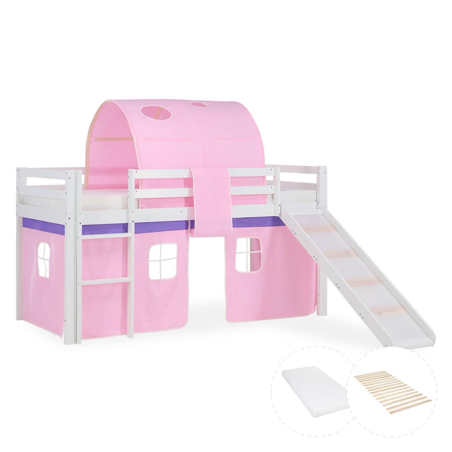 HOCHBETT 90/200 in Rosa mit Lattenrost + Matratze - Weiß/Rosa, Holz (90/200cm) - Homestyle4u