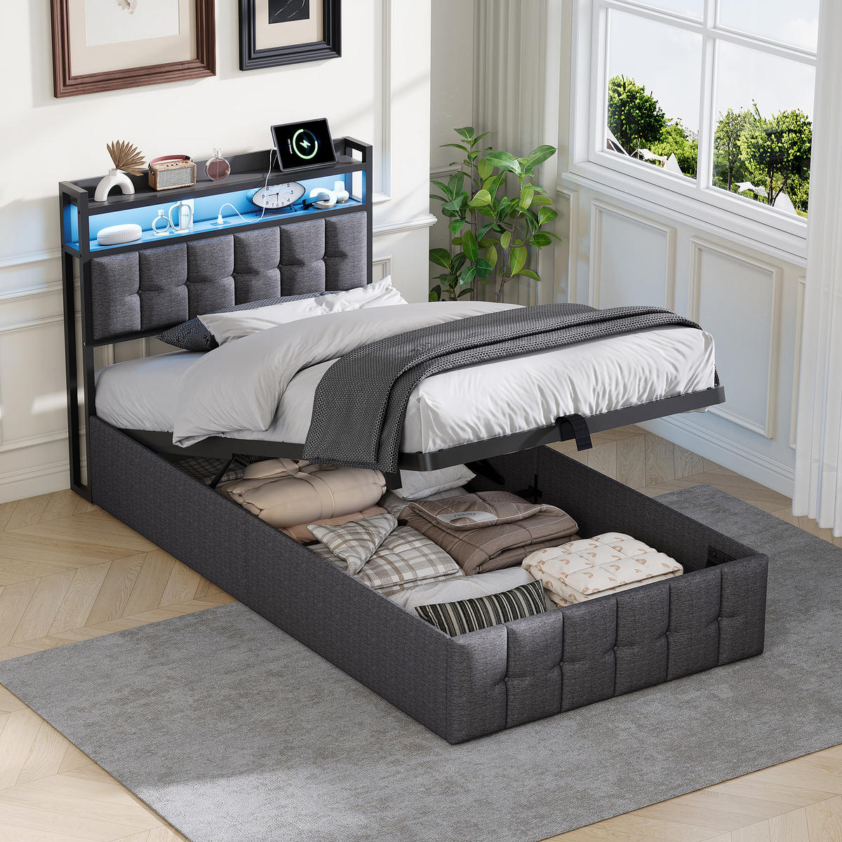 STAURAUMBETT 90x200 cm adulte mit Kopfteil mit Stauraum, LED-Beleuchtung, USB, Hydraulisches Hubsystem, Leinenstoff, Lattenrost - Grey - Grau, Holzwerkstoff (90/200cm) - Brevoria
