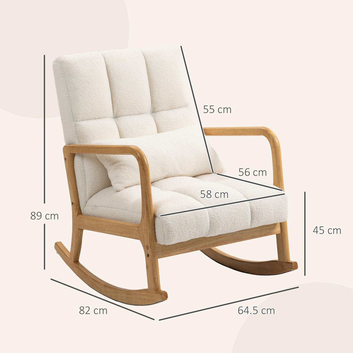 SCHAUKELSTUHL 90°–130° Lendenkissen Sherpa 64,5 x 82 x 89 cm Weiß Holzfarbe - Weiß, Textil (82/89/64.5cm) - Vallsero
