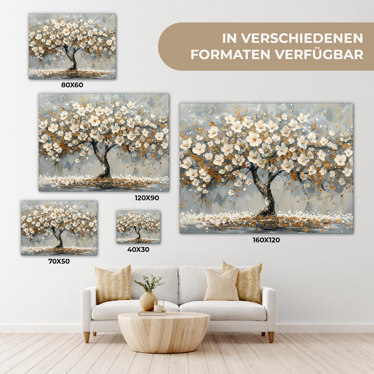 LEINWANDBILD Baum - Blumen - Weiß - Natur - Kunst Wandbilder 80x60 cm - Weiß, Textil (80/60cm) - MuchoWow