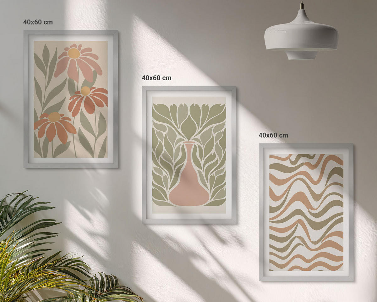 BILDER SET 3er Set - 40x60 cm Silberner Rahmen - Abstrakte Pastellblumen - Silberfarben, Kunststoff (40/60cm) - TULUP