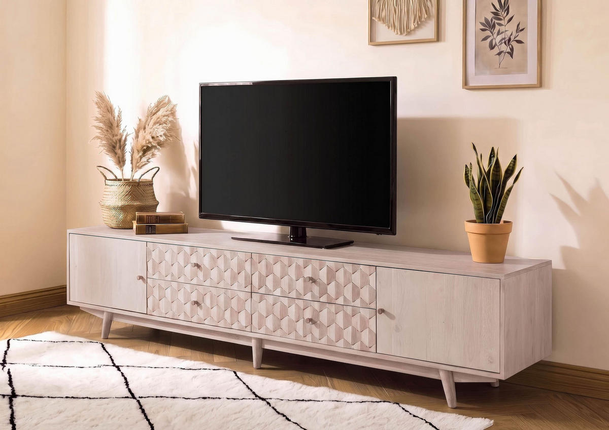 TV-BOARD Akazie 220x40x49 weiß lackiert MOSAYK #220 - Weiß, Holz (220/49/40cm) - Massivmoebel24