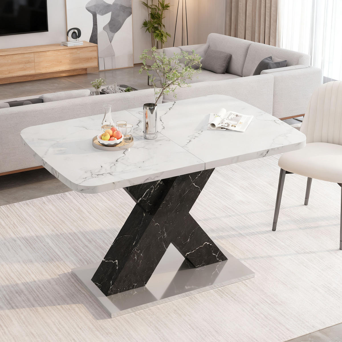 ESSTISCH in Braun X-Form Küchentisch mit Stauraum, 120CM-160CM - Schwarz/Weiß, Holzwerkstoff/Metall (160/80/76.5cm) - STILVORA
