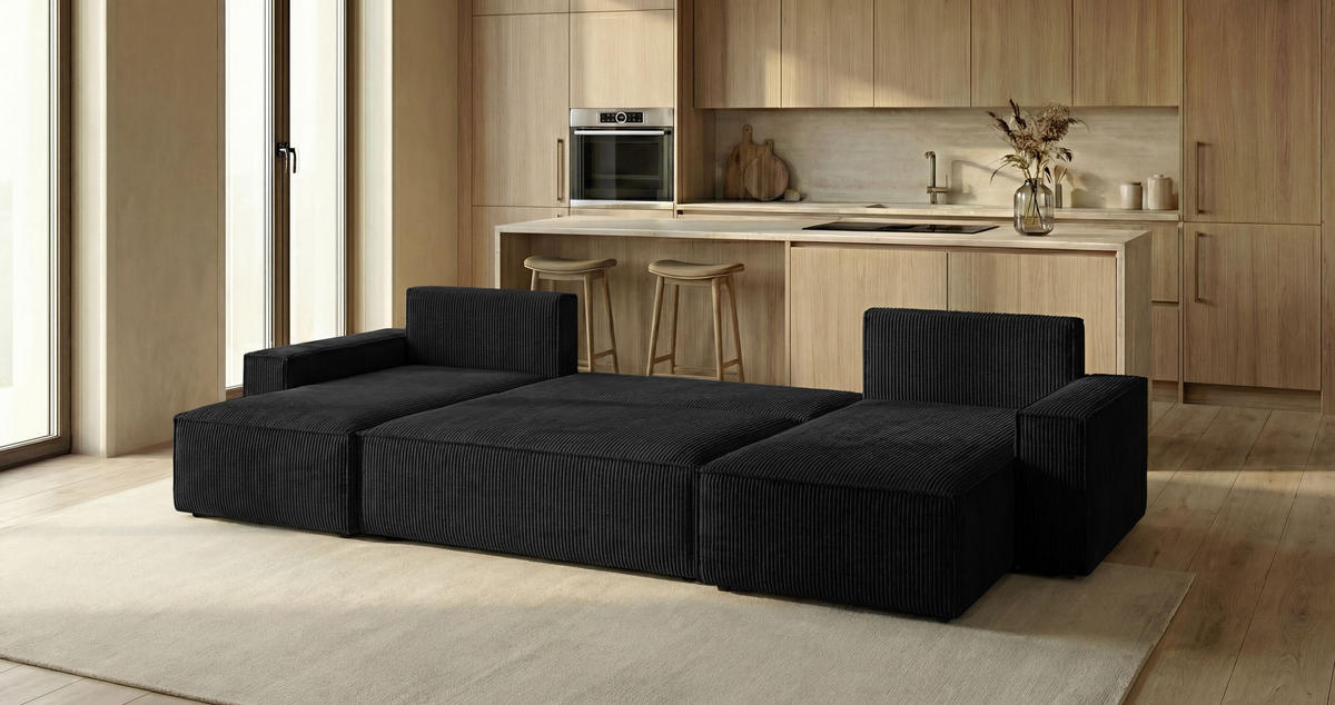 WOHNLANDSCHAFT CALIFORNIA MINI U-Form schwarz Cord Poso 135 - Schlaffunktion, Bettkasten - Schwarz, Textil (312/85/142cm) - Cornero