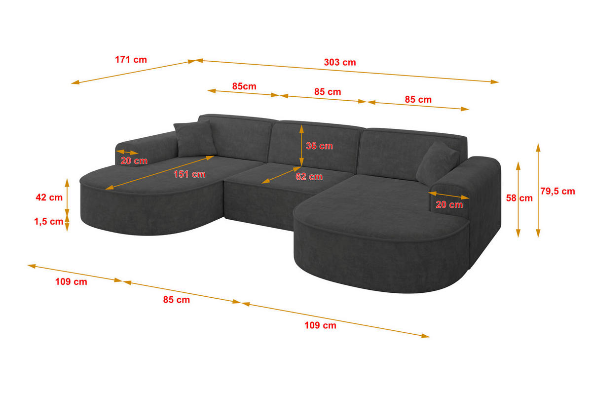 WOHNLANDSCHAFT MARI-U1 - 303x171x79 cm Grau Velours - Schwarz/Grau, Holzwerkstoff/Kunststoff (303/79/171cm) - ALTDECOR