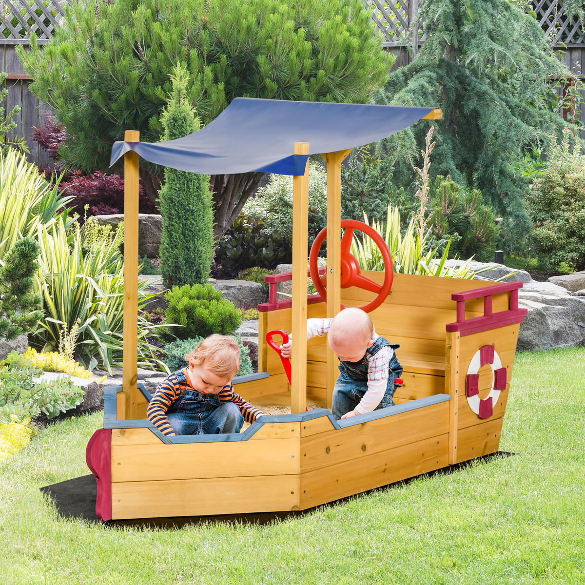 SANDKASTEN DE-18746 Piratenschiff mit Sonnensegel & Schatztruhe Holz - Orange, Holzwerkstoff (160/70/103cm) - ComfortXL