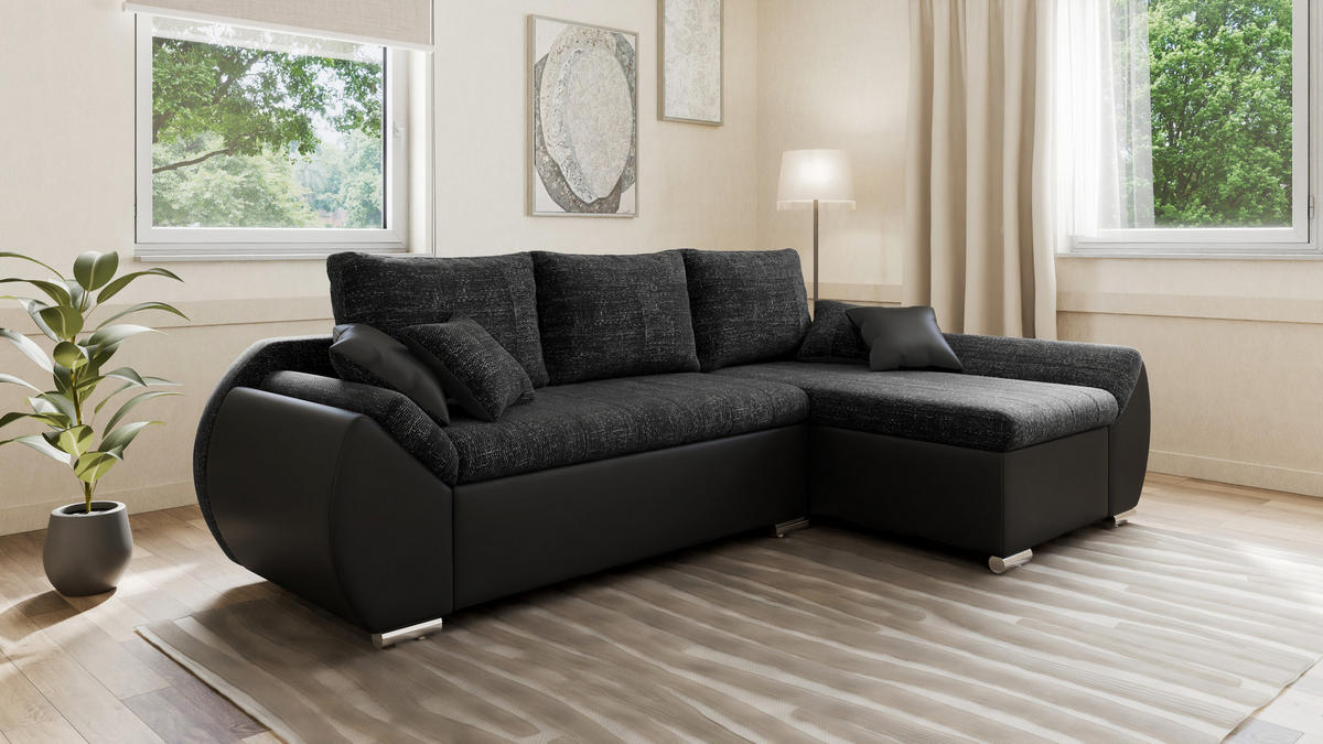 ECKSCHLAFSOFA ALEX – Schwarz (Lawa 06 + Soft 11) + Hocker - Rechts - Schwarz, Holzwerkstoff/Metall (275/155cm) - Möblo