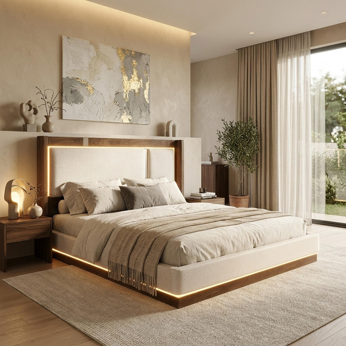 BOXBETT 140/190 mit Bettkasten & LED, Leinenstoff, hochklappbar mit Lattenrost, Beige - Beige, Holz/Textil (140/190cm) - LVHOM
