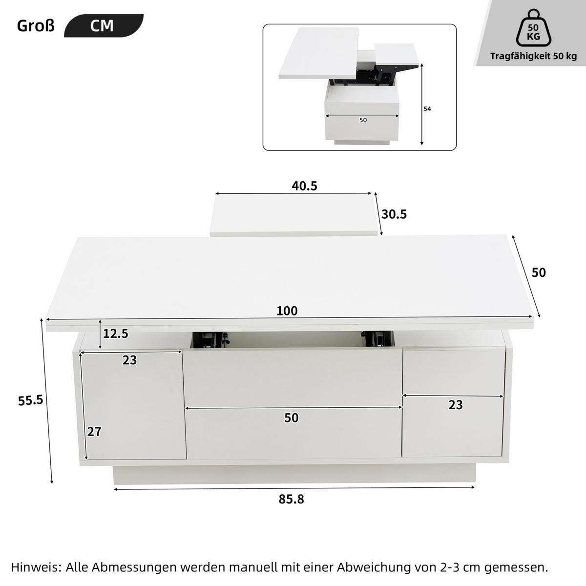 KONFERENČNÍ stolek 100/50/43 cm bílý z dřevotřísky s dvojitým zvedacím mechanismem a úložným prostorem - bílá, kompozitní dřevo (100/50/43cm) - OKWISH