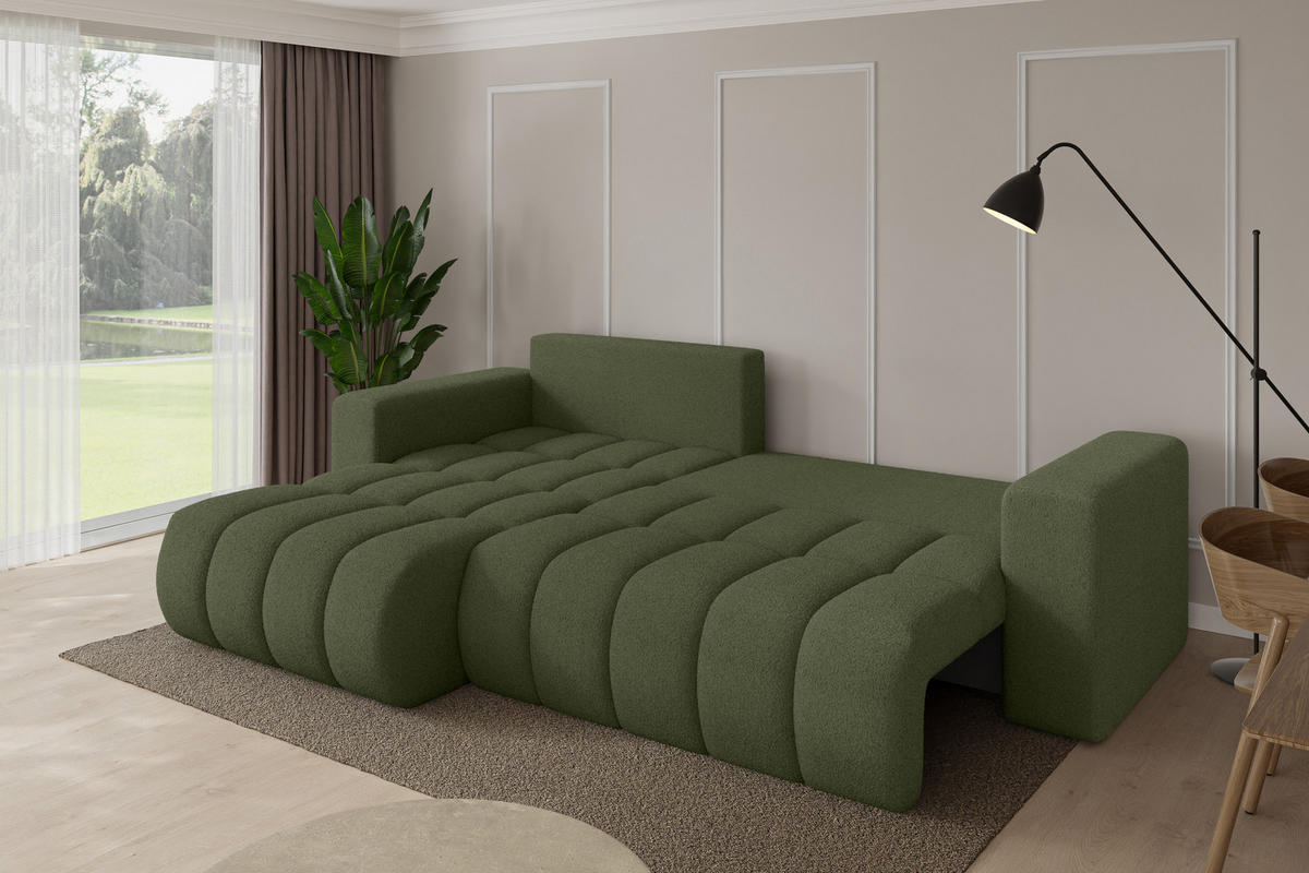 ROHOVÁ SEDAČKA s funkcí spaní, otoman vlevo MILA-L-v1 277x195x86 zelená bouclé - černá/zelená barva, kompozitní dřevo/textil (277/194cm) - ALTDECOR