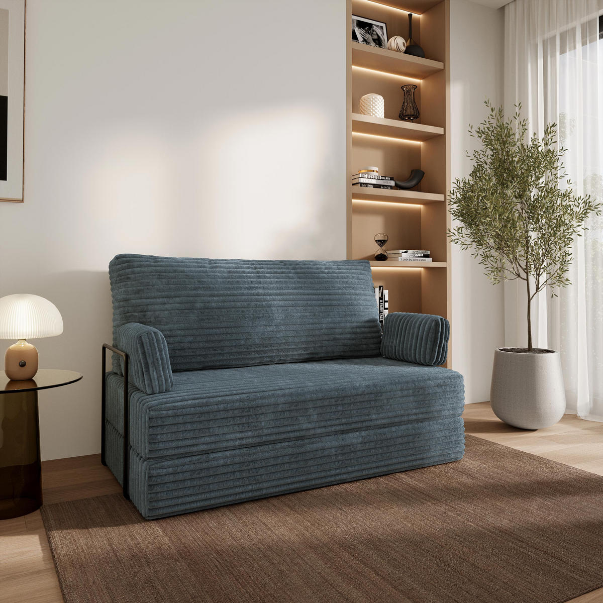 BETTSOFA LADIA aus Schaumstoff Cordstoff Grau Schlaffunktion - Blaugrau, Textil (140/86/60cm) - MASSENO