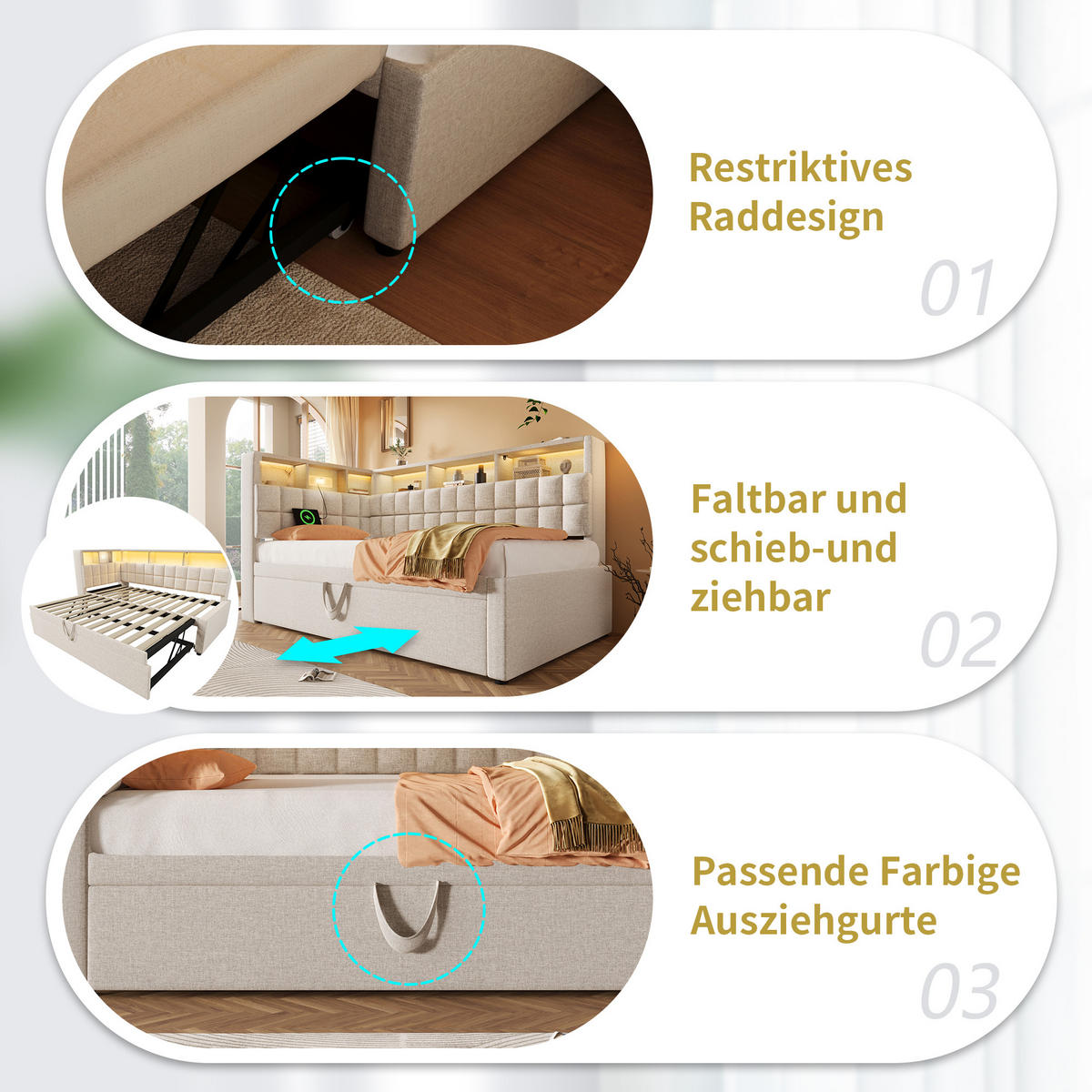 SCHLAFSOFA 90/200 cm & 90/190 cm in Beige Leinen mit Ausziehbett, LED und USB - Beige, Holzwerkstoff/Textil (90/200cm) - WISHDOR