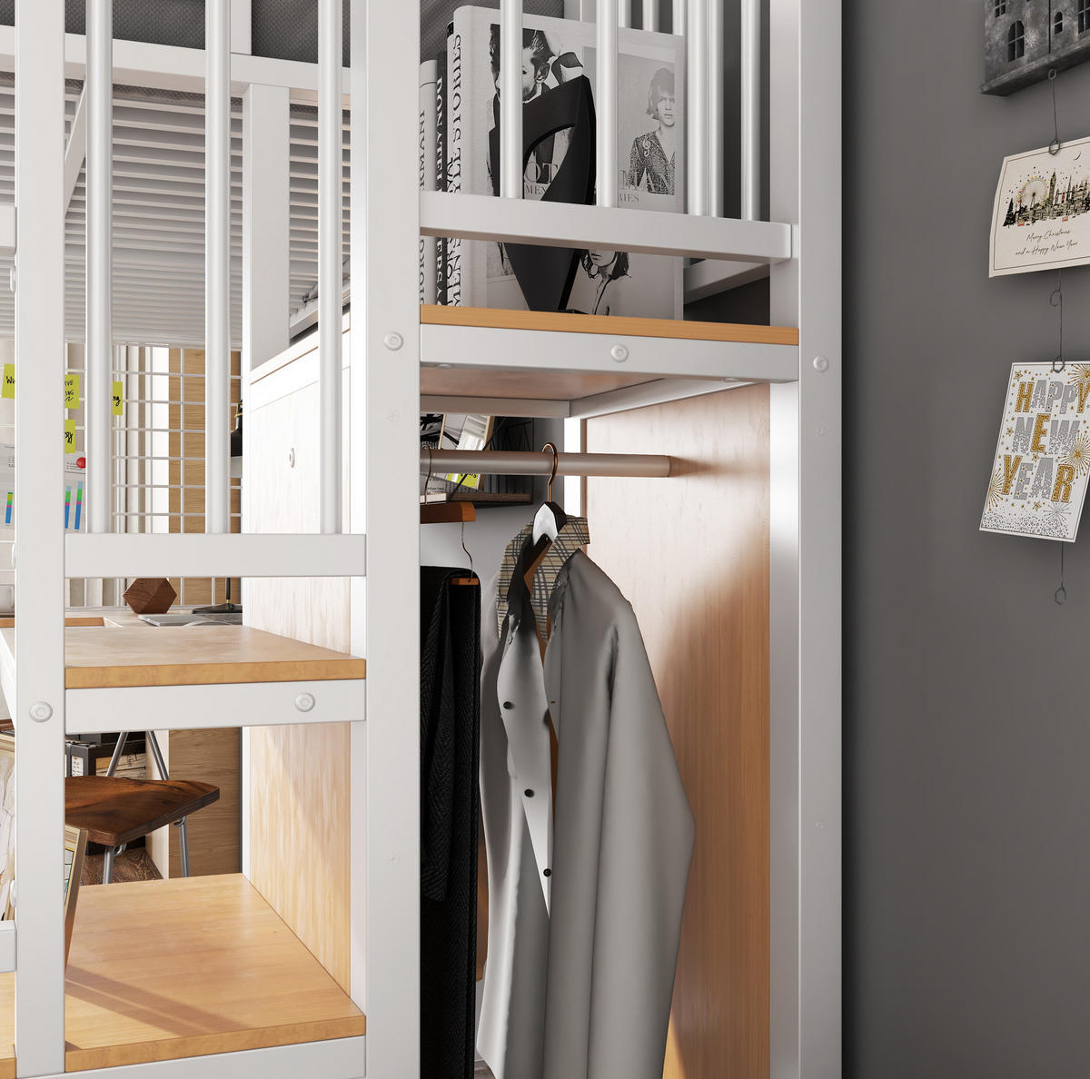 HOCHBETT 90/200 cm aus Metall und Holzwerkstoff mit Schrank und Schreibtisch Weiß/Natur - Weiß, Holzwerkstoff (90/200cm) - Modenvie