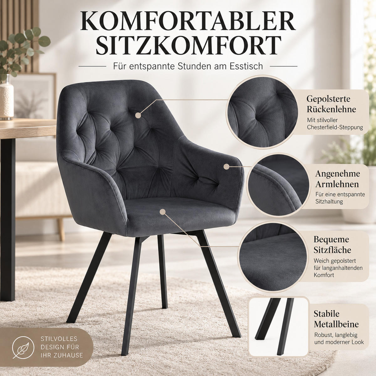 ARMLEHNSTUHL-SET 2 Stück in Stahl Samt Grau drehbar - Schwarz/Grau, Textil/Metall (59/88/65cm) - Homestyle4u
