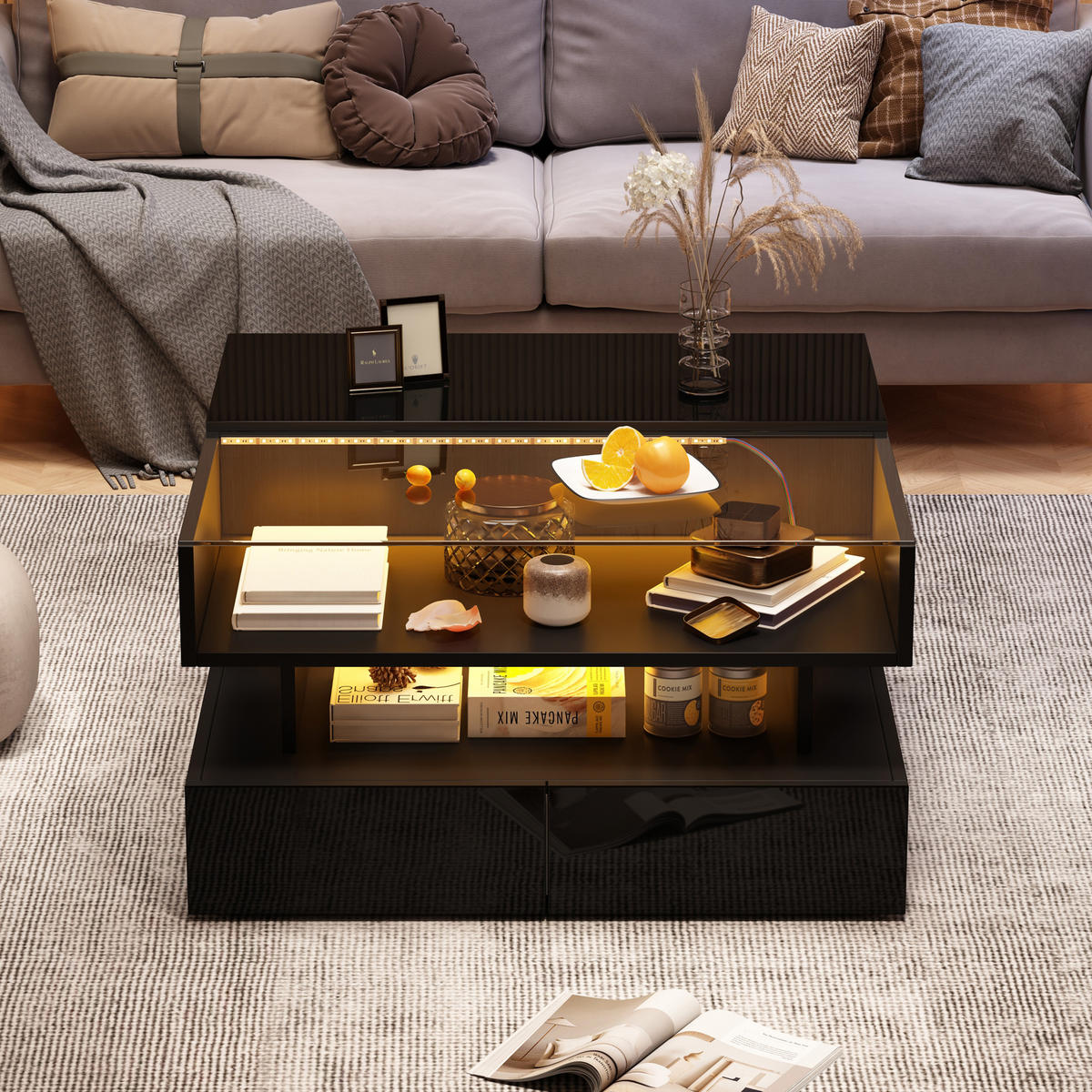 COUCHTISCH LED Schwarz höhenverstellbar 2 Schubladen 80x80x45cm - Schwarz, Holzwerkstoff (80/80/45cm) - FLIEKS