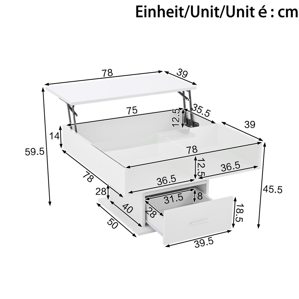 COUCHTISCH höhenverstellbar 78x78 cm Weiß mit LED und Stauraum - Weiß, Holzwerkstoff (78/78/45cm) - Meubliv