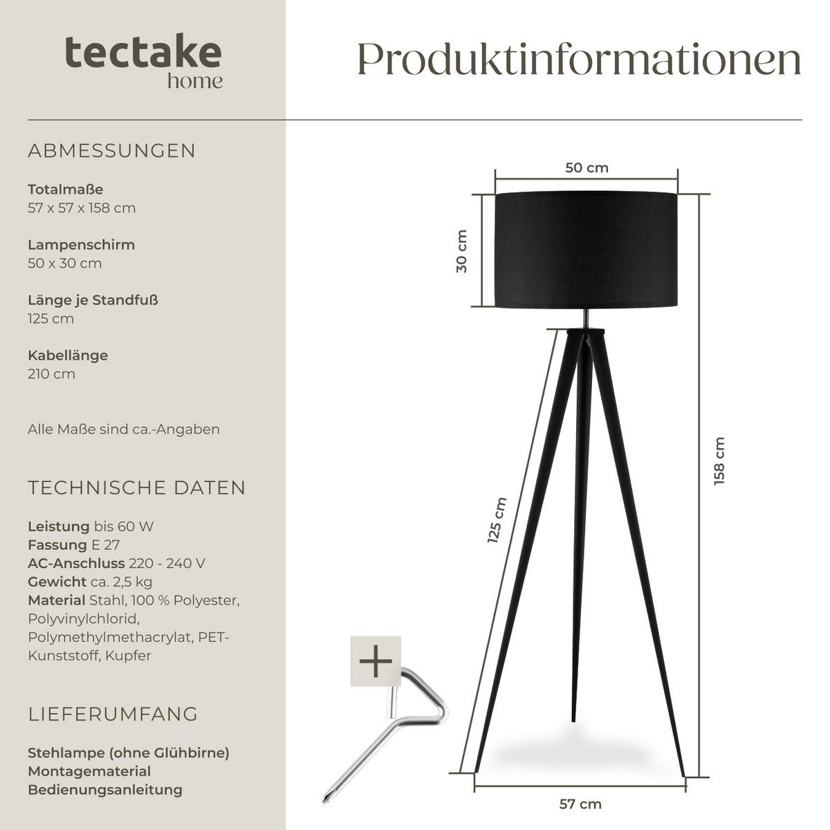 STEHLEUCHTE Lunaris,57 x 57 x 158 cm ,schwarz - Schwarz, Kunststoff (57/57/158cm) - tectake