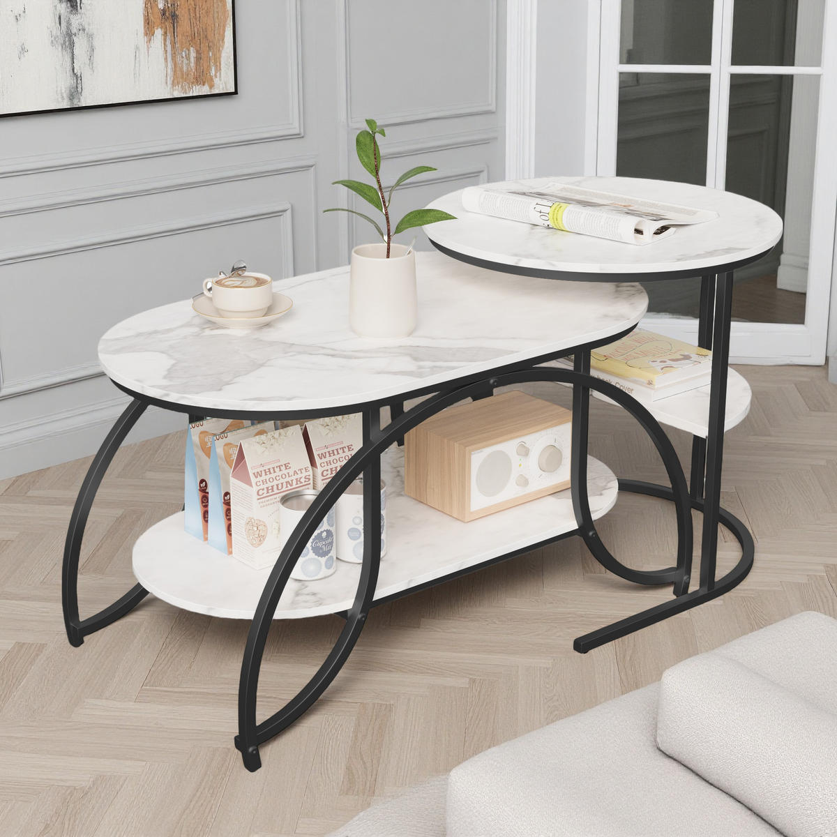 COUCHTISCH 2er Set Oval Rund Marmor Optik - Schwarz, Metall (80/46/51cm) - SHOPENTRA