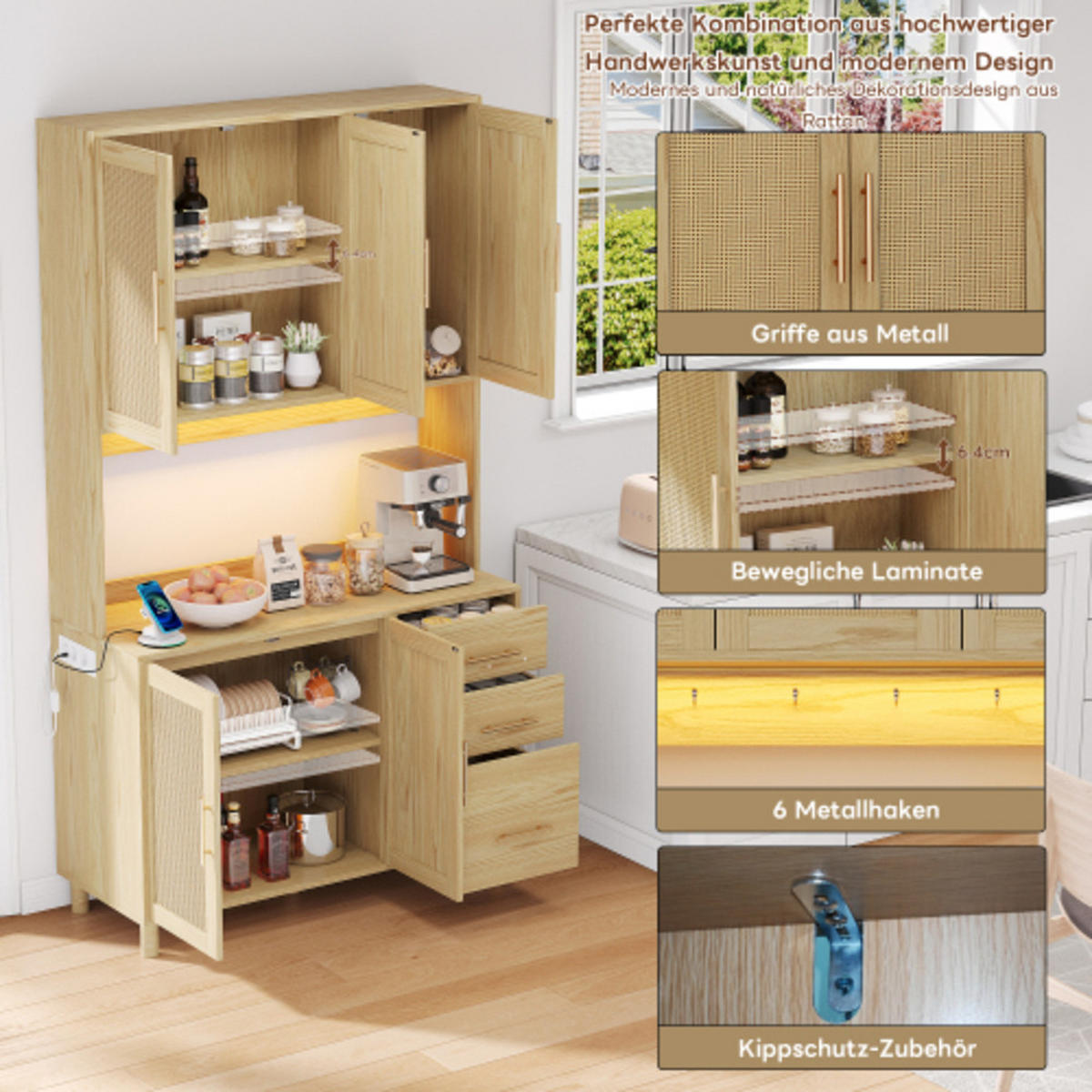 KÜCHENSCHRANK Naturoptik aus MDF mit Rattanfront, LED-Beleuchtung und integrierten Steckdosen 100×40×183 cm - Naturfarben, Holzwerkstoff (100/183/40cm) - Luhomfu