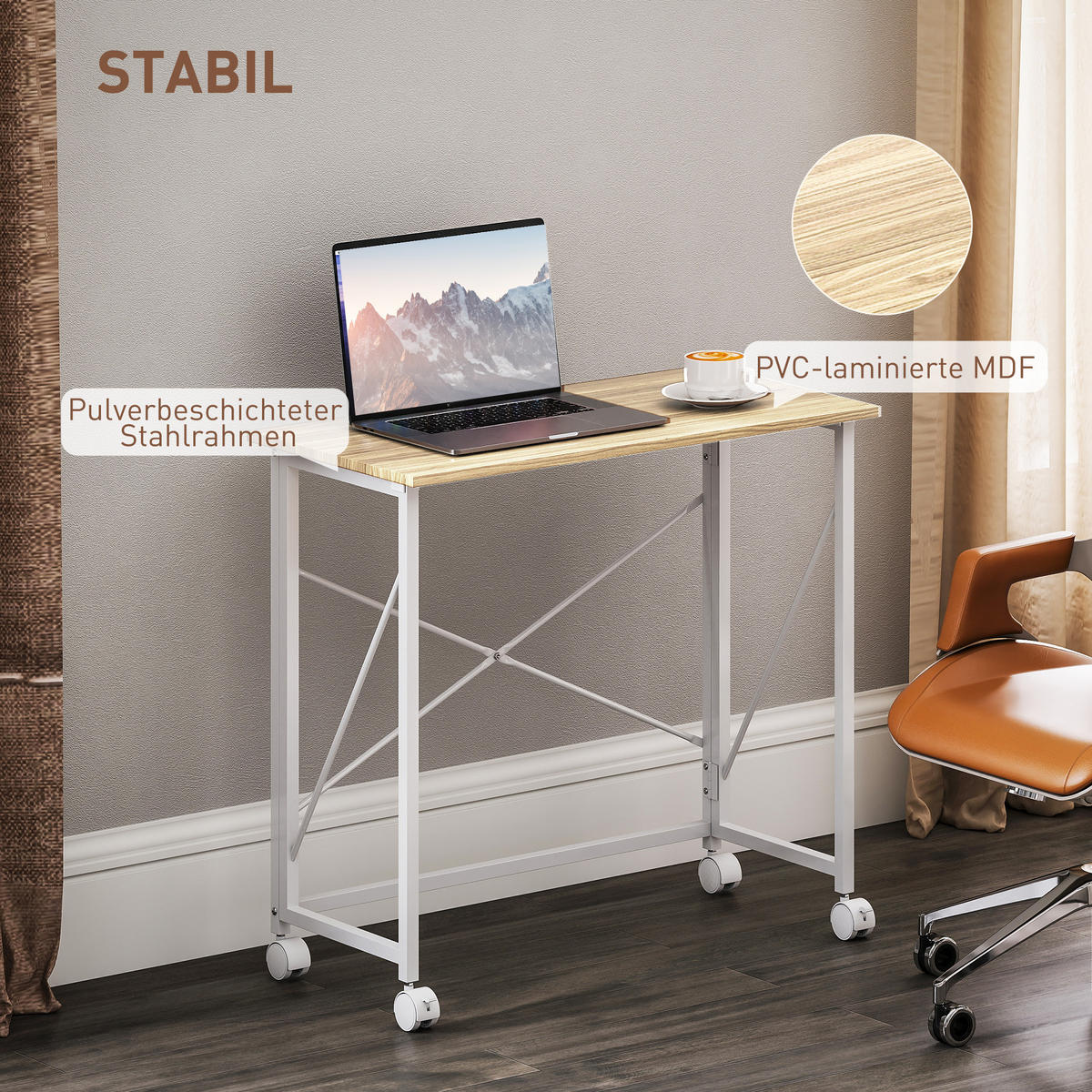 SCHREIBTISCH Klappbar Kleiner 80 cm Klappschreibtisch mit Rollen für Home Office - Weiß, Holzwerkstoff/Metall (80/40/75cm) - HOMCOM