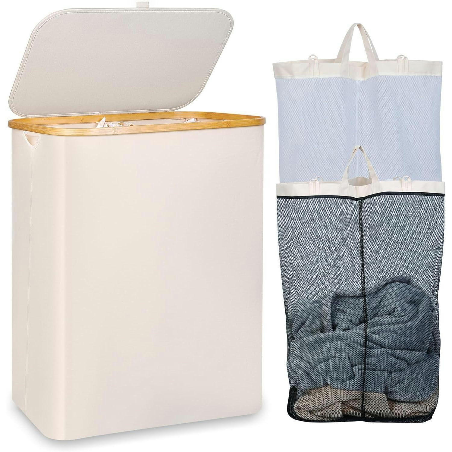 WÄSCHEKORB 150L 2 Fächer mit Deckel und Bambusgriff Beige - Beige, Textil (37/70/53cm)