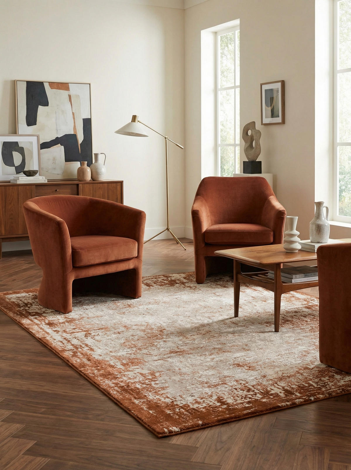 TEPPICH Velours abstrakt mit Bordüren TIBER-Rieti, Terrakotta 160x230 cm - Orange, Textil (160/230cm) - KADIMA DESIGN