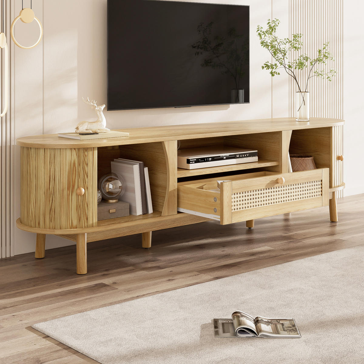 TV-LOWBOARD Rattan Türen Holz Landhaus - Naturfarben, Holz (165/46/37cm) - Fortuna Lai
