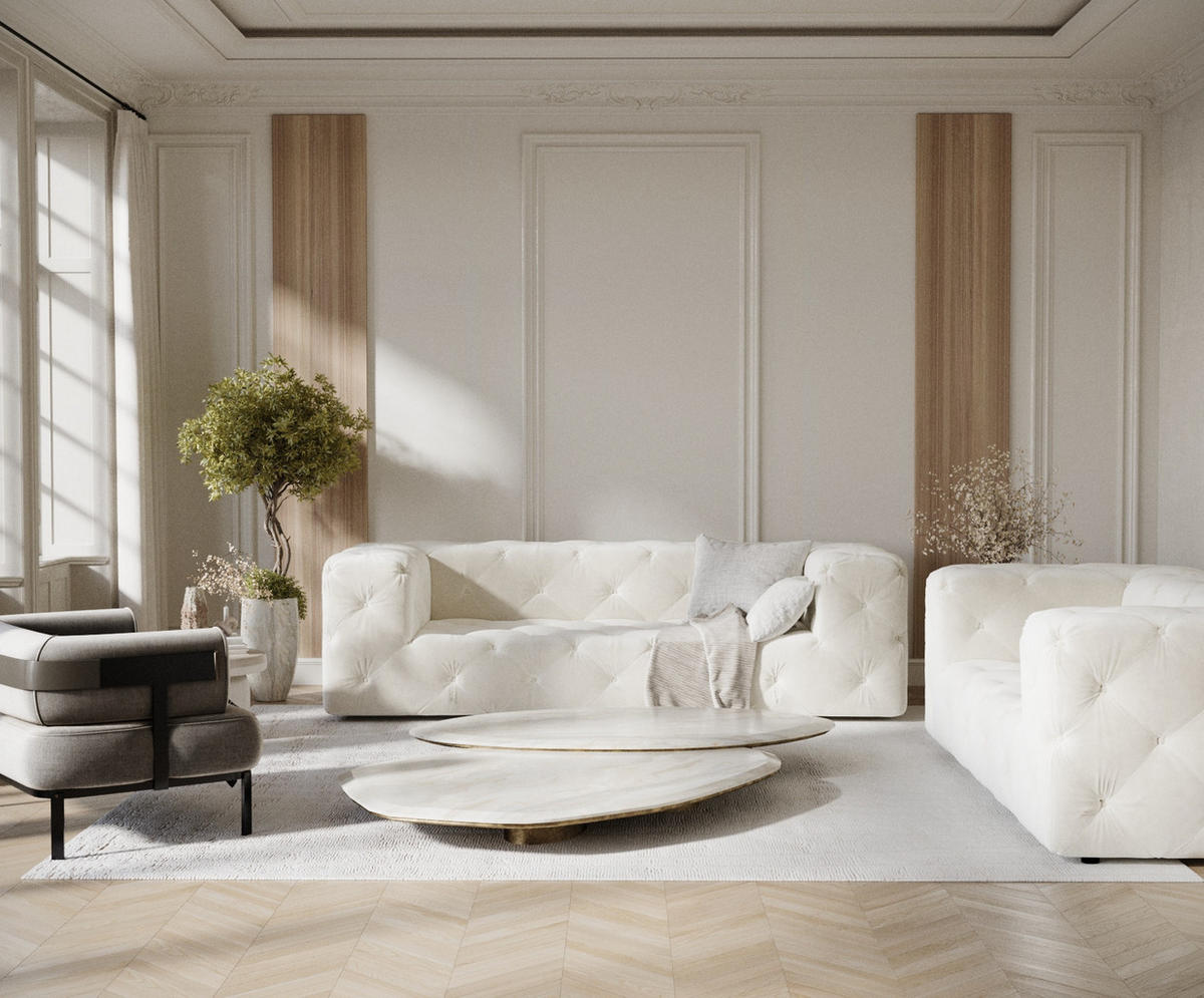 3-SITZER-SOFA Cosimo Creme Samtstoff - Creme/Schwarz, Holz/Holzwerkstoff (230/71/100cm) - Maison de Reve