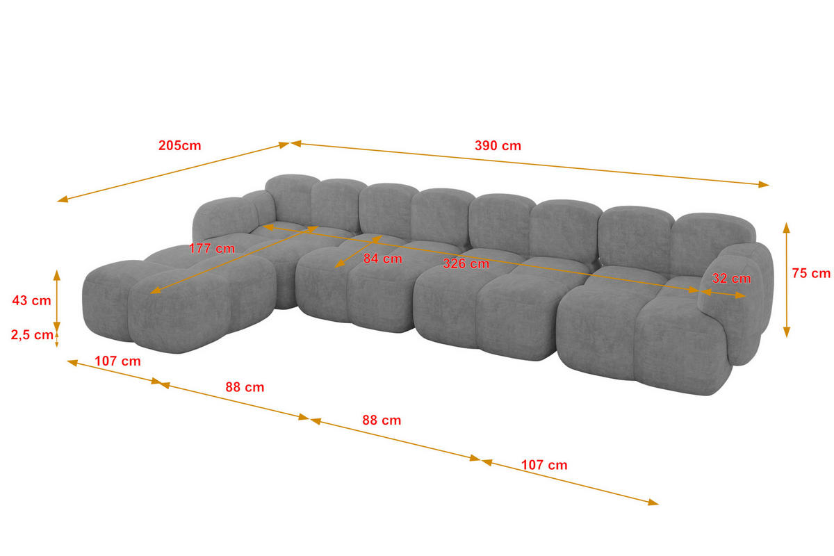 ECKSOFA modulares Sofa Links Miko-L3 390x205x75 Grau Velours - Schwarz/Grau, Holzwerkstoff/Kunststoff (390/205cm) - ALTDECOR