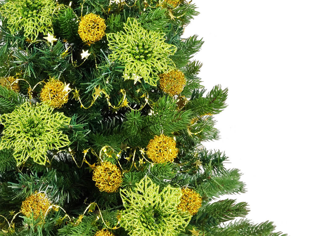 WEIHNACHTSBAUM künstlicher 60 cm mit LED-Beleuchtung, ZAUBERNACHT, mit 41 Weihnachtsbaumschmuck, Pflanztopf mit Jutesack - Goldfarben/Grün, Kunststoff/Stein (40/60cm) - LAALU