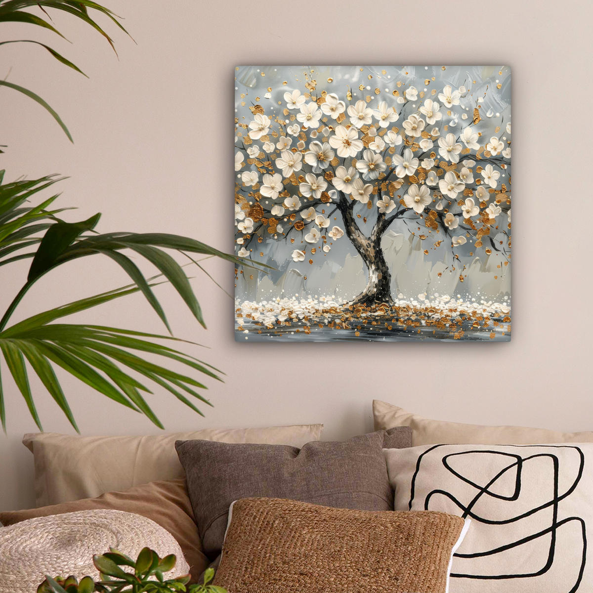 LEINWANDBILD Baum - Blumen - Weiß - Natur - Kunst Wandbild Wohnzimmer 50x50 cm - Weiß, Textil (50/50cm) - MuchoWow