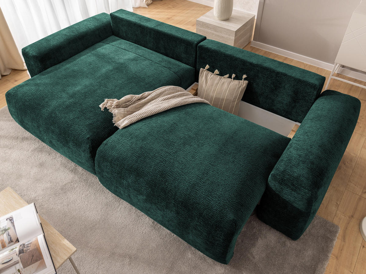 ECKSOFA Puffy mit Schlaffunktion und Bettkasten - besonders weich und puffig aus Grün Stoff mit Chenillestruktur - Ottomane links - Schwarz/Grün, Holz/Kunststoff (138/266cm) - S-Style Möbel