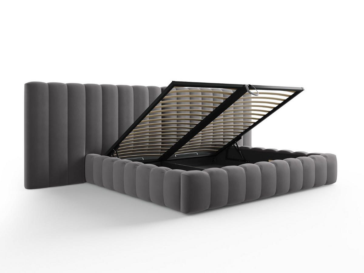 BETT mit Bettkasten und Doppelkopfteil Kelp aus Samt grau 200x200cm - Grau, Textil (200/200cm) - Micadoni