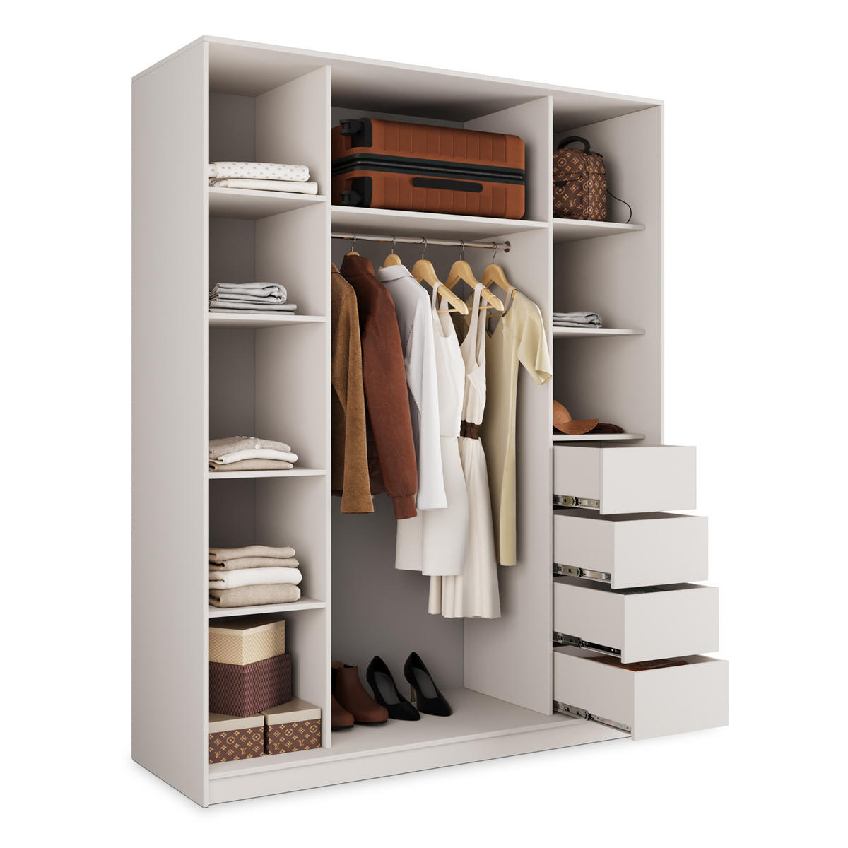 SCHWEBETÜRENSCHRANK TARI 150/205/58 cm 3-türig mit Spiegel und Schubladen Kaschmir - Kaschmir/Schwarz, Holzwerkstoff (150/205/58cm) - MASSENO