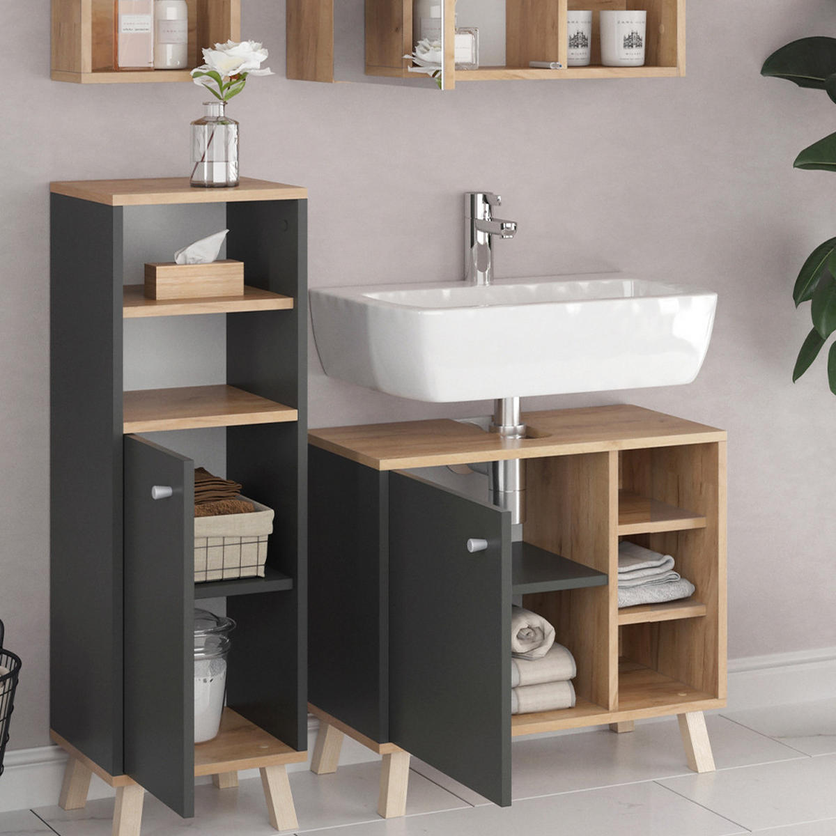 BADMÖBEL-SET Senyo Anthrazit 4 Teile, mit Hängeschrank - Honigeiche/Anthrazit, Holzwerkstoff (62/54/32cm) - Vicco